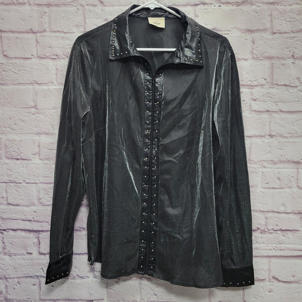 Sterling & Stitch Black Metallic Zip Shirt Womens XL Studded Goth Punk Cyber Y2K